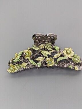 Vintage Heavy Metal Enamel Floral Hair Clip With Rhinestones 1960s 1970s Era
